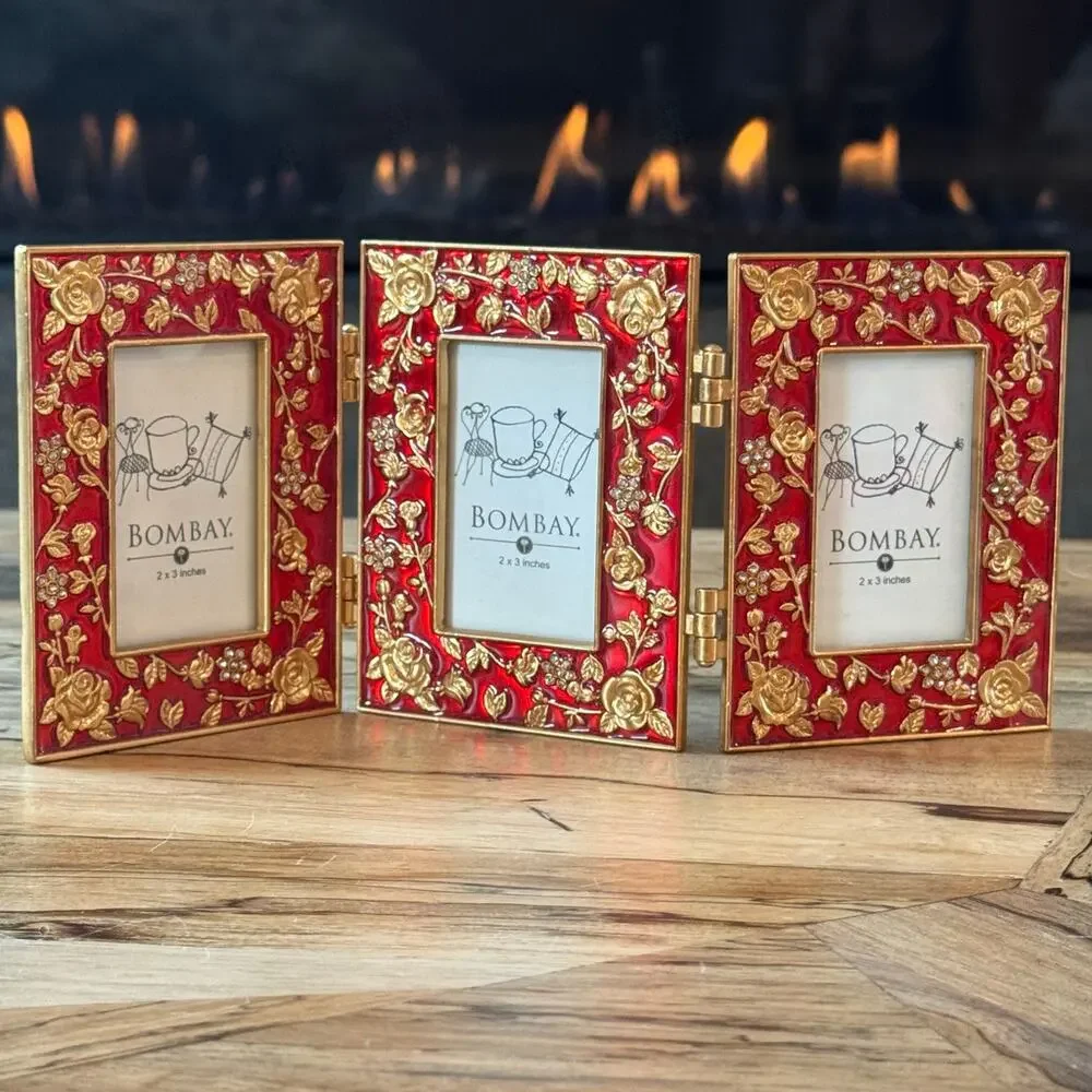Vintage Bombay Co Red Enamel Gold Rose Triptych Hinged Triple 2x3 Photo Frame